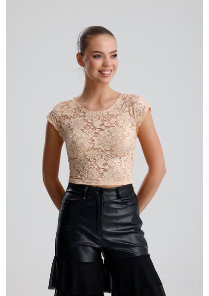 Dantel Transparan Kısa Kollu Bluz | BUST35379 Somon