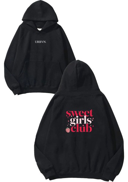 Sweet Girls Club Tasarım Baskılı Oversize Siyah Kapüşonlu Sweatshirt
