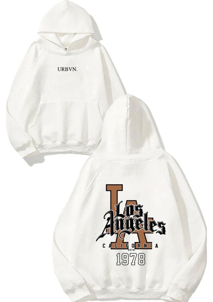 Los Angeles Tasarım Baskılı Oversize Beyaz Kapüşonlu Sweatshirt