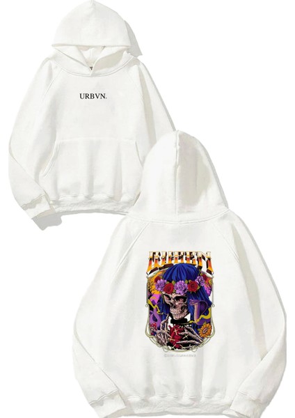 Queen 1 Tasarım Baskılı Oversize Beyaz Kapüşonlu Sweatshirt