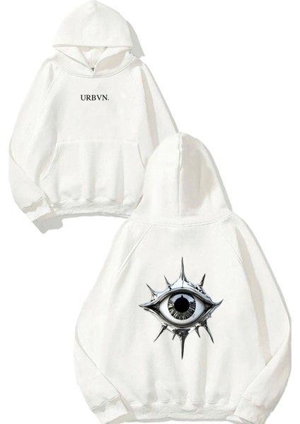 Metallic Eye Tasarım Baskılı Oversize Beyaz Kapüşonlu Sweatshirt