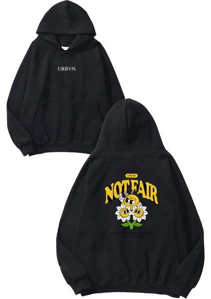 Not Fair Tasarım Baskılı Oversize Siyah Kapüşonlu Sweatshirt
