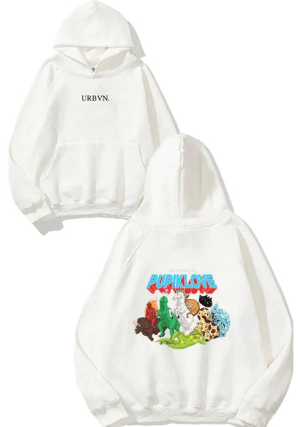 Pupik Love Tasarım Baskılı Oversize Beyaz Kapüşonlu Sweatshirt