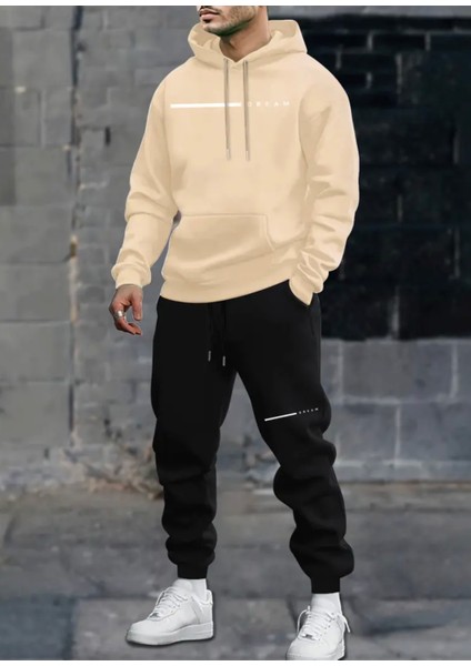 Büyük Beden Özel Tasarım Kapüşonlu Dream Tek Çizgi Baskılı %100 Pamuk Kışlık Modern Erkek Eşofman Takımı