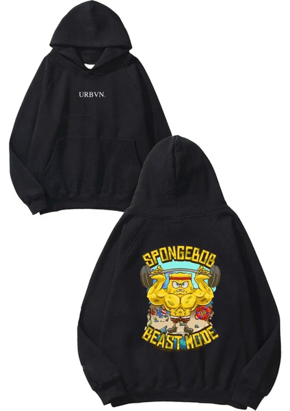 Spongebob Beast Tasarım Baskılı Oversize Siyah Kapüşonlu Sweatshirt