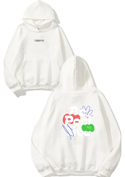 Be Positive 1 Tasarım Baskılı Oversize Beyaz Kapüşonlu Sweatshirt