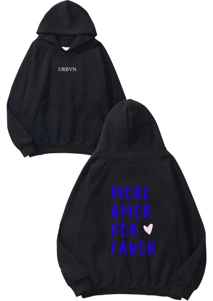 More Amor Tasarım Baskılı Oversize Siyah Kapüşonlu Sweatshirt