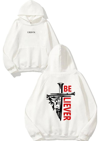 Believer Tasarım Baskılı Oversize Beyaz Kapüşonlu Sweatshirt