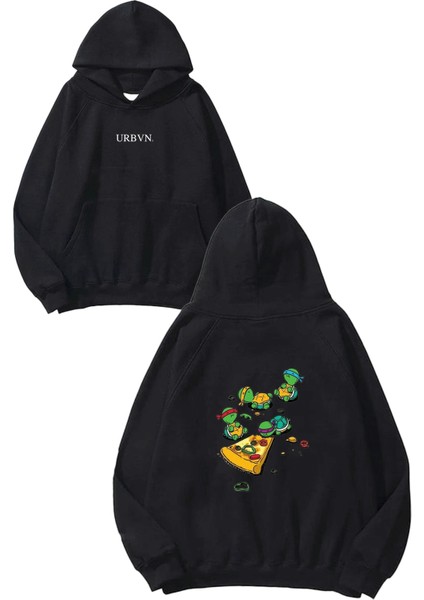 Turtles Tasarım Baskılı Oversize Siyah Kapüşonlu Sweatshirt