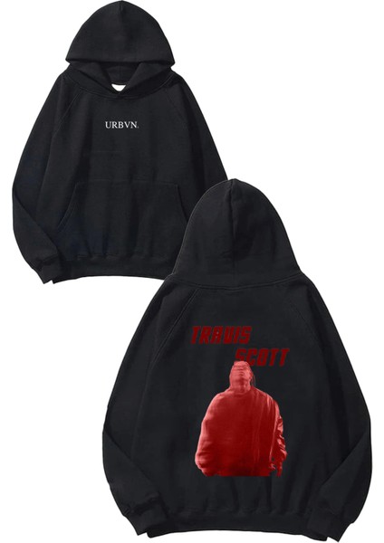 Travis 1 Tasarım Baskılı Oversize Siyah Kapüşonlu Sweatshirt