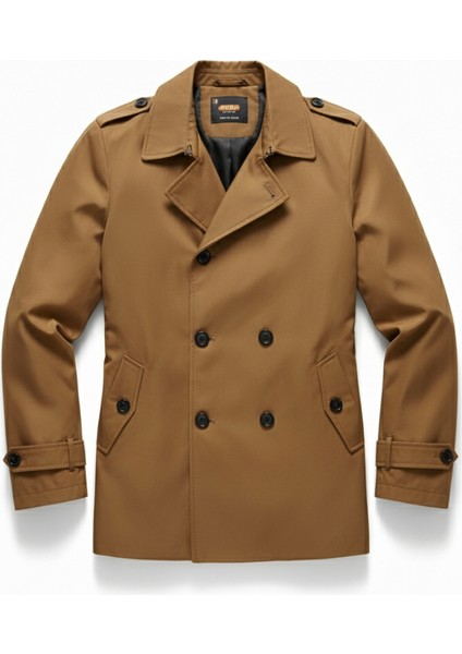 Erkek Taba Mevsimlik Astarlı Kemerli Kruvaze Trençkot