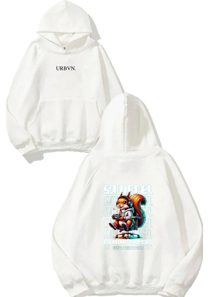 Squirrel Tasarım Baskılı Oversize Beyaz Kapüşonlu Sweatshirt