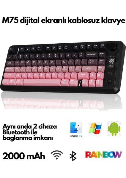 M75 Kablosuz Bt+2.4ghz OLED Tft Ekranlı Membran Reinbow Aydınlatmalı Gaming Oyuncu Klavye