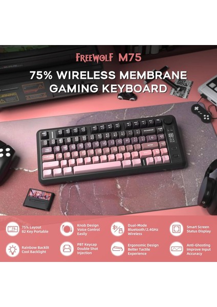 M75 Kablosuz Bt+2.4ghz OLED Tft Ekranlı Membran Reinbow Aydınlatmalı Gaming Oyuncu Klavye fırsatları
