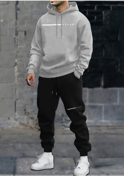 Büyük Beden Özel Tasarım Kapüşonlu Dream Tek Çizgi Baskılı %100 Pamuk Kışlık Modern Erkek Eşofman Takımı