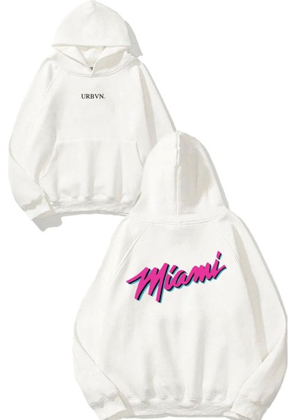 Miami Tasarım Baskılı Oversize Beyaz Kapüşonlu Sweatshirt