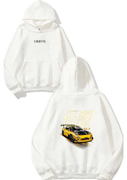 Yellow Car Tasarım Baskılı Oversize Beyaz Kapüşonlu Sweatshirt