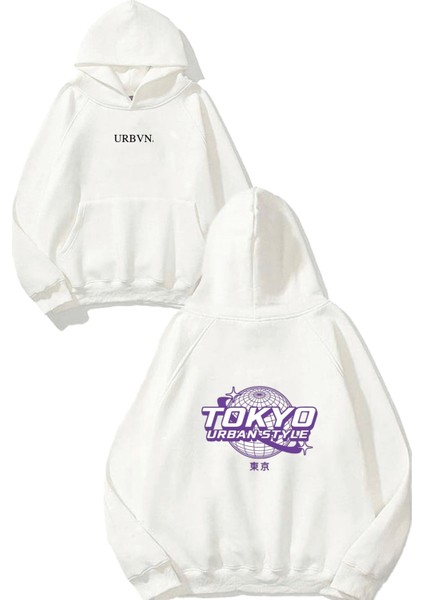 Tokyo Style Tasarım Baskılı Oversize Beyaz Kapüşonlu Sweatshirt