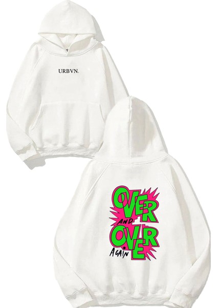 Over Again Tasarım Baskılı Oversize Beyaz Kapüşonlu Sweatshirt