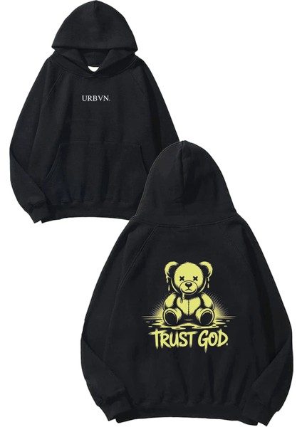 Trust God Tasarım Baskılı Oversize Siyah Kapüşonlu Sweatshirt