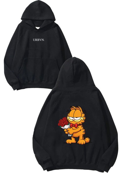 Valentine Garfield 1 Tasarım Baskılı Oversize Siyah Kapüşonlu Sweatshirt