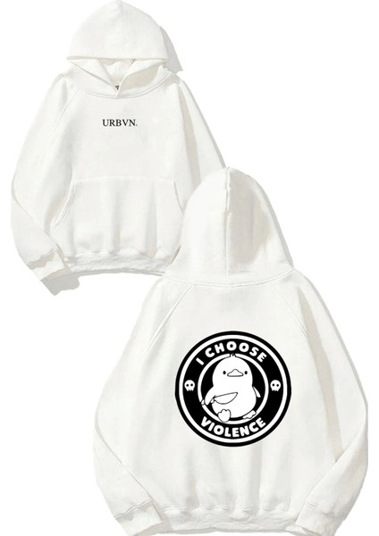 I Choose Violence Tasarım Baskılı Oversize Beyaz Kapüşonlu Sweatshirt