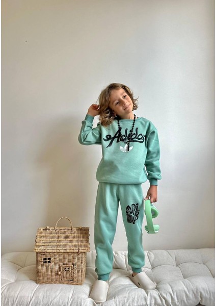 Yeşil Yazı Baskılı Şardonlu 3 Iplik Sweatshirt-Eşofman Altı Kışlık Erkek Çocuk Takım