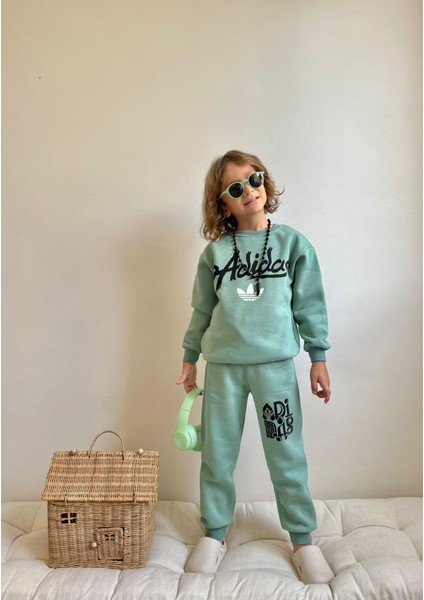 Yeşil Yazı Baskılı Şardonlu 3 Iplik Sweatshirt-Eşofman Altı Kışlık Erkek Çocuk Takım modelleri