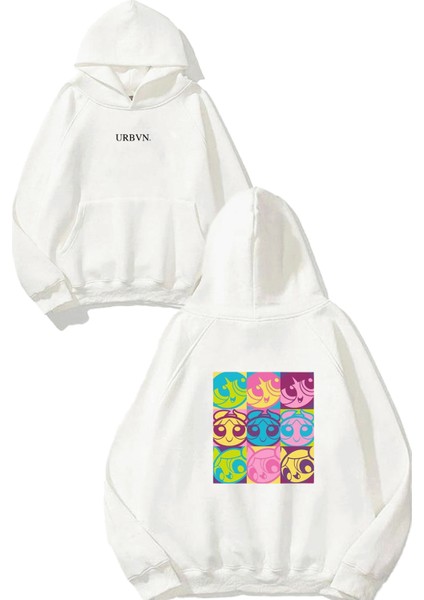 Powerpuff 1 Tasarım Baskılı Oversize Beyaz Kapüşonlu Sweatshirt