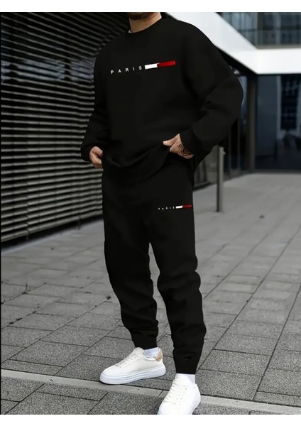 Büyük Beden Özel Tasarım Paris Şerit Baskılı Yuvarlak Yaka %100 Pamuk Kışlık Trend Erkek Eşofman Takımı