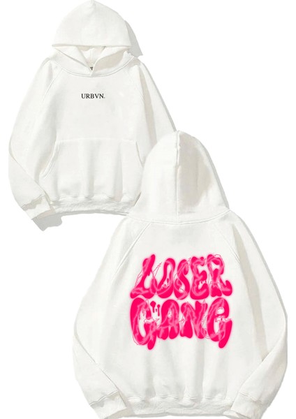 Loser Gang Tasarım Baskılı Oversize Beyaz Kapüşonlu Sweatshirt