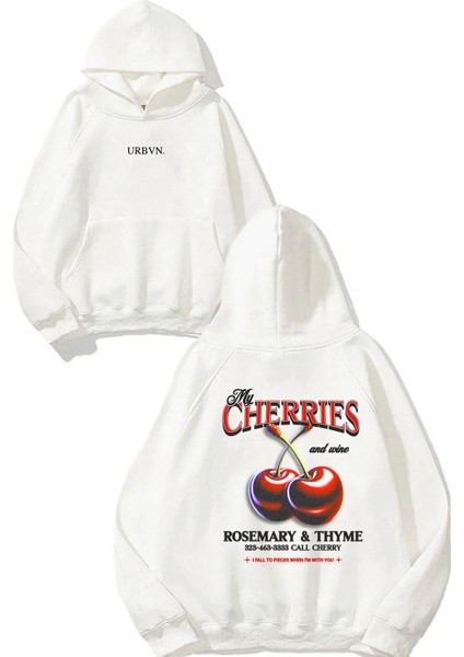 Cherries Tasarım Baskılı Oversize Beyaz Kapüşonlu Sweatshirt