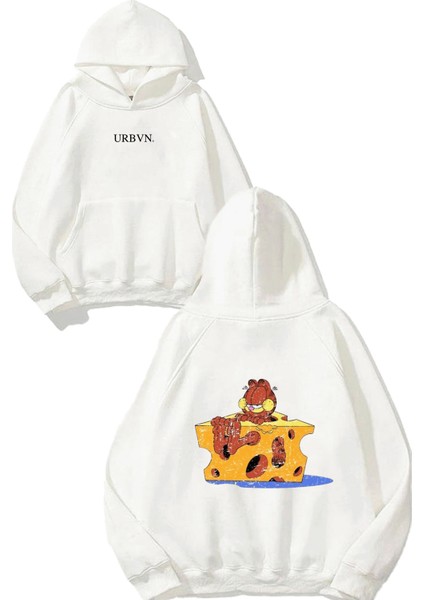 Garfield Cheese Tasarım Baskılı Oversize Beyaz Kapüşonlu Sweatshirt
