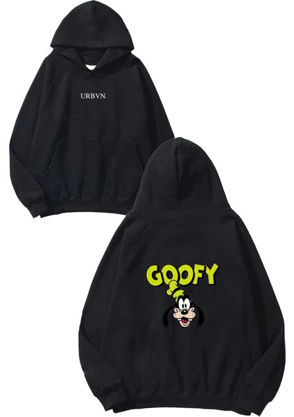 Goofy Yeşil Tasarım Baskılı Oversize Siyah Kapüşonlu Sweatshirt