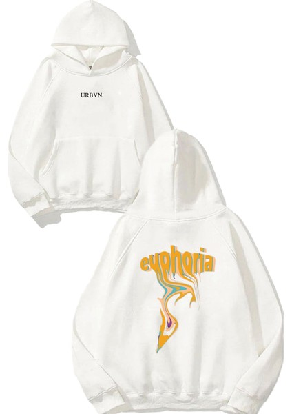 Euphoria Tasarım Baskılı Oversize Beyaz Kapüşonlu Sweatshirt