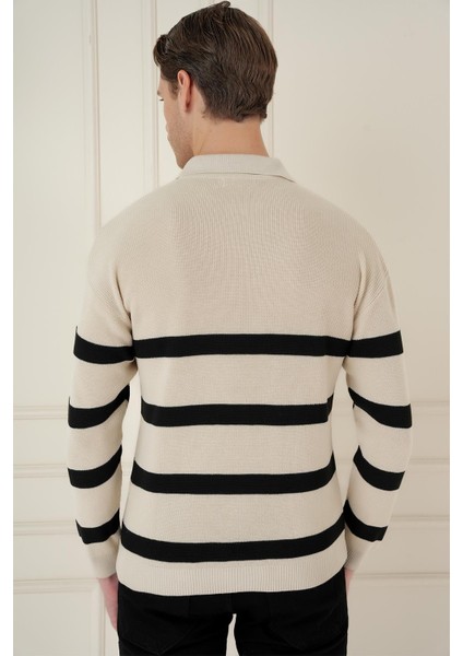 Slim Fit Çizgili Fermuarlı Polo Yaka Bej Triko Kazak TR 877 indirimleri