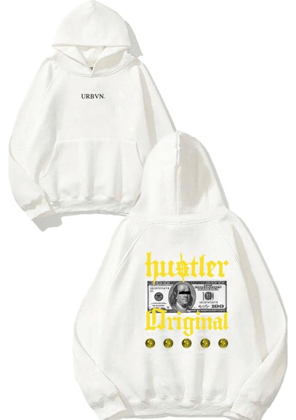 Hustler Tasarım Baskılı Oversize Beyaz Kapüşonlu Sweatshirt