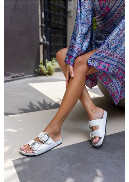 Josef Kadın Beyaz Gercek Derı Taş Detay Terlik