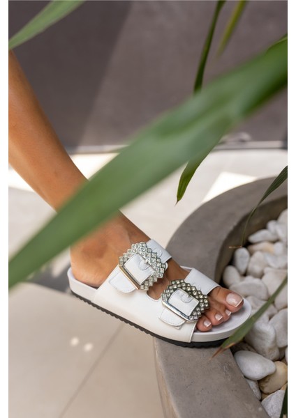 Josef Kadın Beyaz Gercek Derı Taş Detay Terlik fiyatları