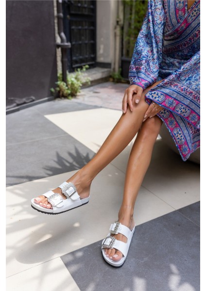 Josef Kadın Beyaz Gercek Derı Taş Detay Terlik modelleri