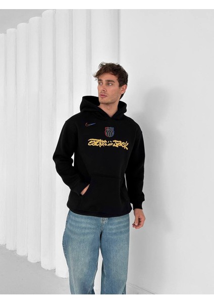 Fc Barcelona Logolu Ön Baskılı Kapşonlu Sweatshirt