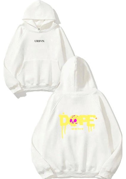 Dope Tasarım Baskılı Oversize Beyaz Kapüşonlu Sweatshirt