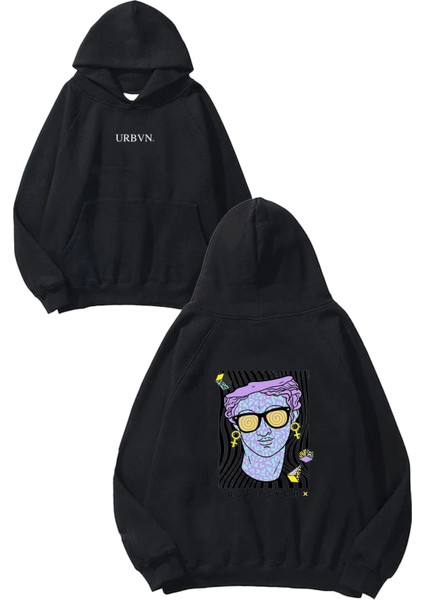 Just Psycho Tasarım Baskılı Oversize Siyah Kapüşonlu Sweatshirt