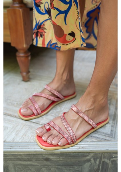 Jinx Kadin Mercan Gercek Deri Taşli Terlik