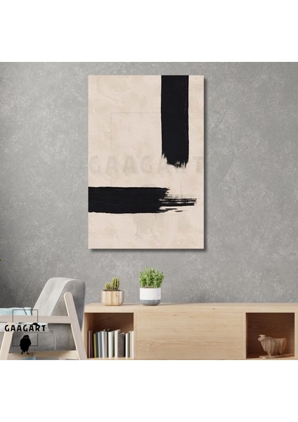 Tekli Dikey Kanvas Tablo Soyut Kremrengi Siyah Çizgi