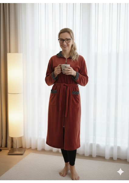 Fermuarlı Kışlık Polar Kumaş Kadın Sabahlık/gecelik