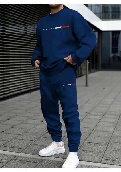 Büyük Beden Özel Tasarım Paris Şerit Baskılı Yuvarlak Yaka %100 Pamuk Kışlık Trend Erkek Eşofman Takımı