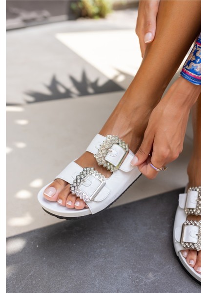 Josef Kadın Beyaz Gercek Derı Taş Detay Terlik indirimleri