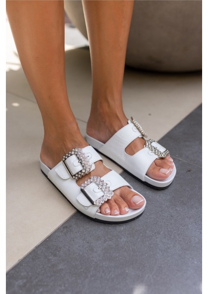 Josef Kadın Beyaz Gercek Derı Taş Detay Terlik