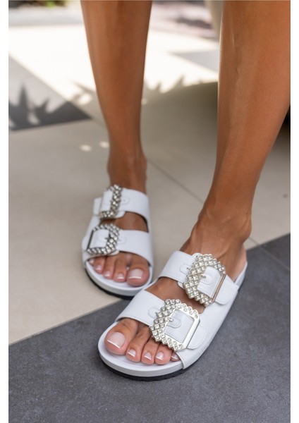 Josef Kadın Beyaz Gercek Derı Taş Detay Terlik